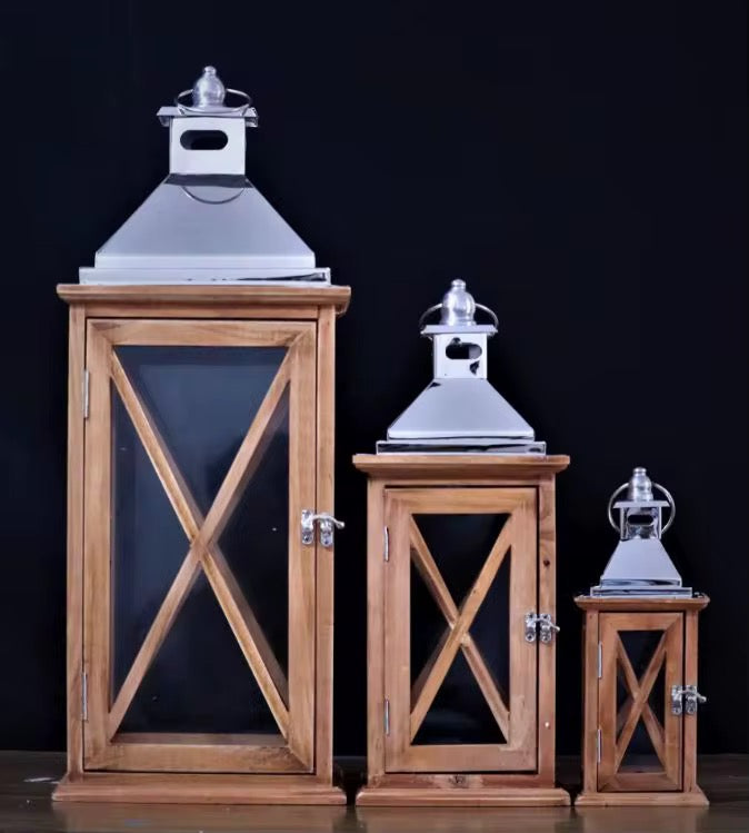 Modern Wood & Chrome Lantern Set (3-Piece)