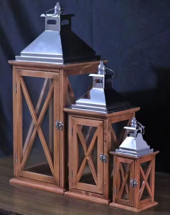 Modern Wood & Chrome Lantern Set (3-Piece)