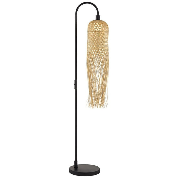 Rustic Floor Lamp with Woven Rattan Shade and Fringe Design