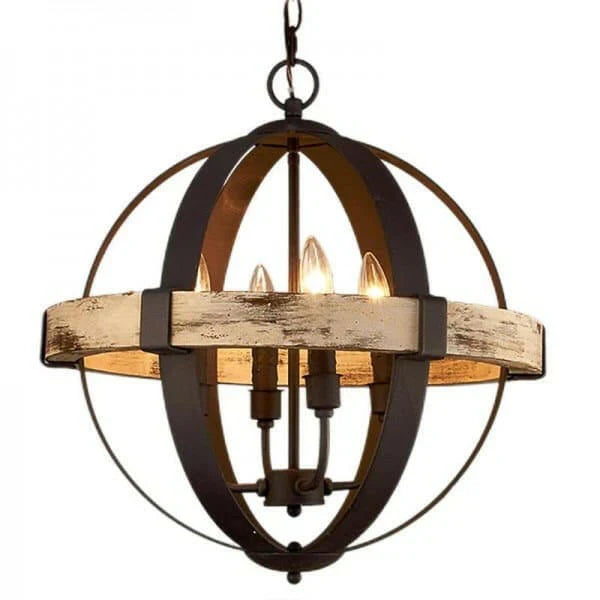 Rustic Orb Chandelier with Distressed Wood and Metal