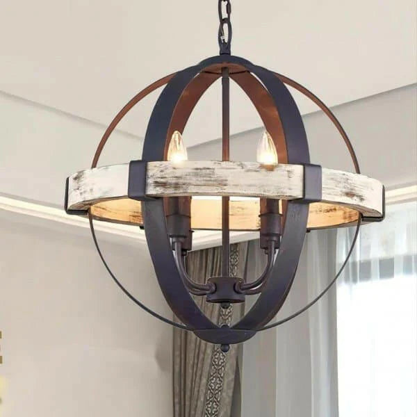 Rustic Orb Chandelier with Distressed Wood and Metal