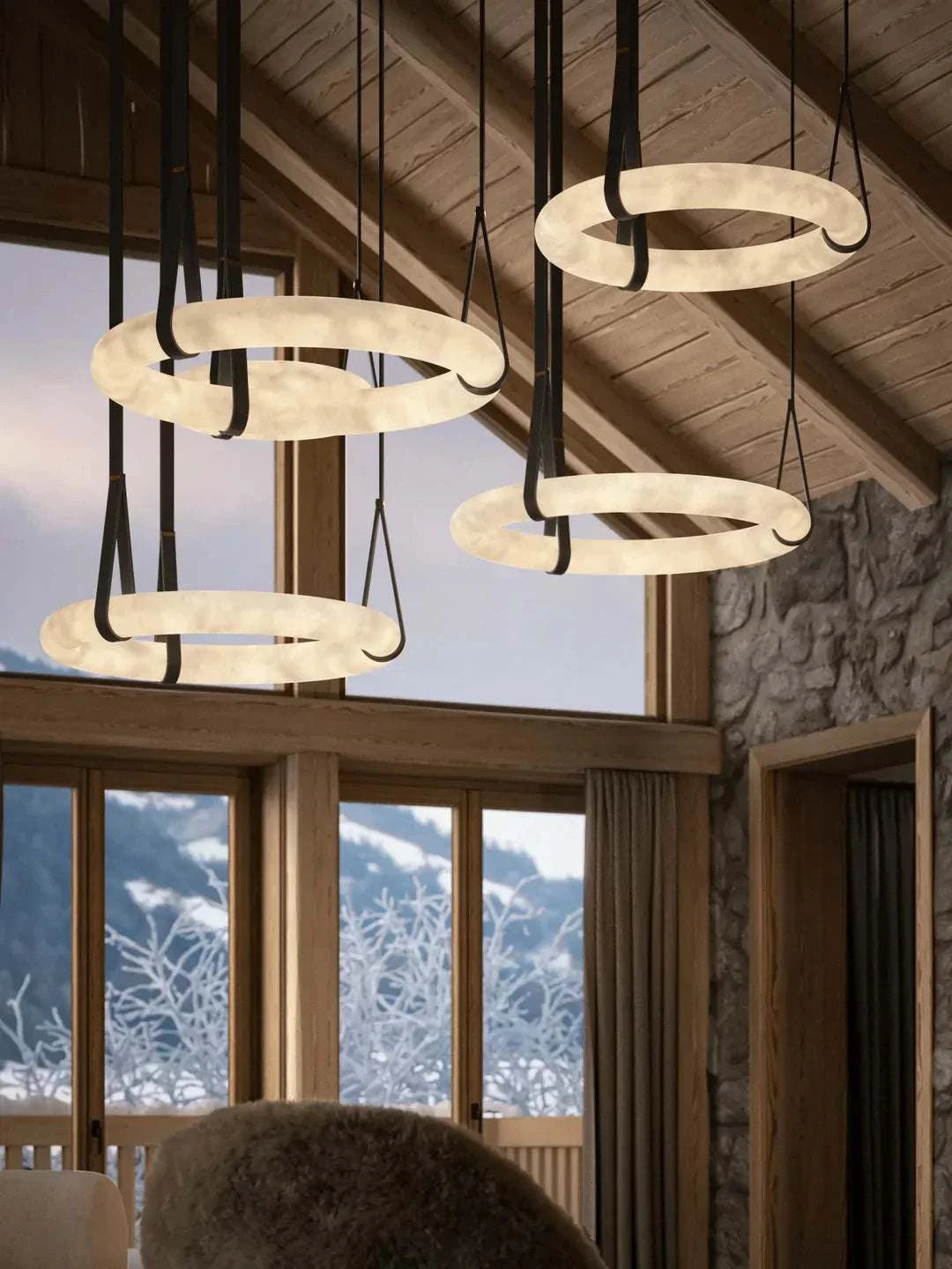 Halo Loop modern marble ring chandelier with glowing rings and black straps