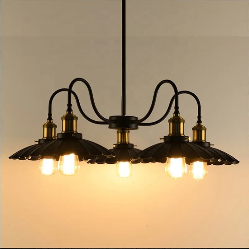 Vintage Iron Rope Chandelier with Fluted Shades