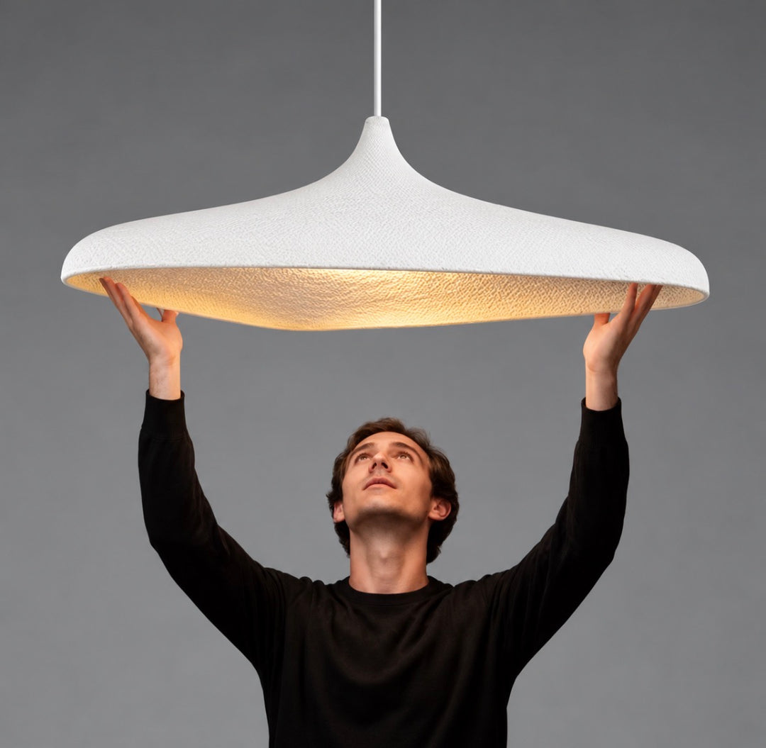 Modern white textured organic dome pendant light with sweeping wide shade