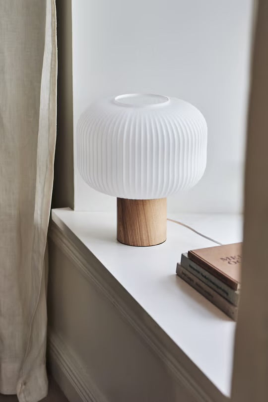 Scandinavian Frosted Glass Table Lamp with a wooden base