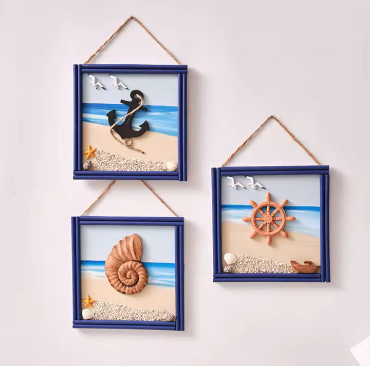 Nautical Wall Art Frames â€“ Beach Theme with Shell, Anchor, and Ship Wheel