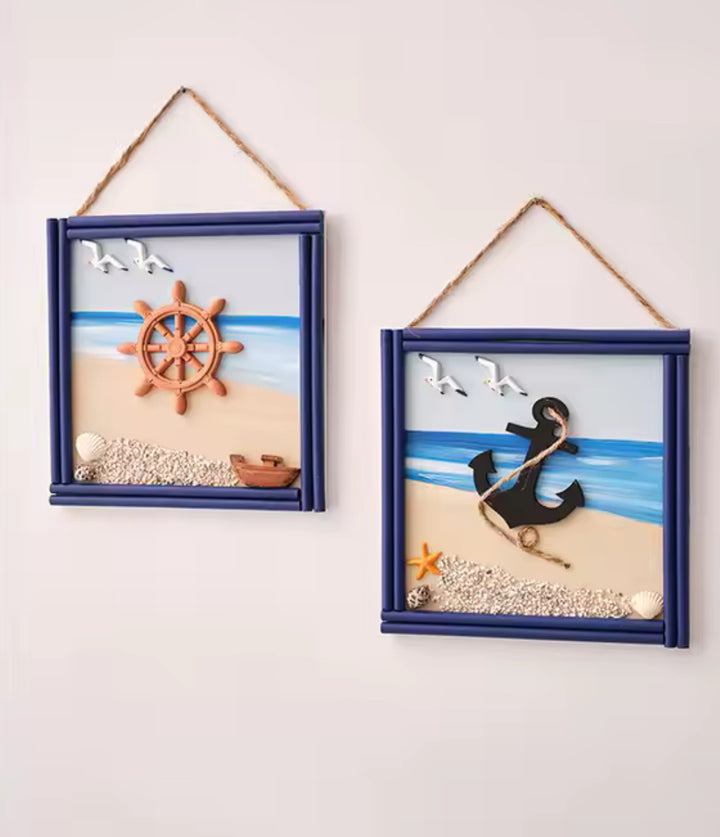 Nautical Wall Art Frames â€“ Beach Theme with Shell, Anchor, and Ship Wheel