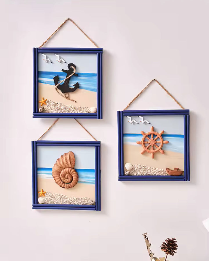 Nautical Wall Art Frames â€“ Beach Theme with Shell, Anchor, and Ship Wheel