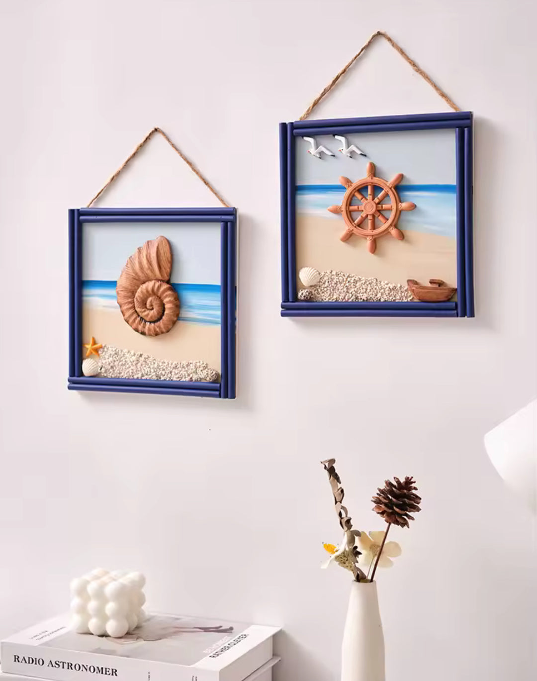 Nautical Wall Art Frames â€“ Beach Theme with Shell, Anchor, and Ship Wheel