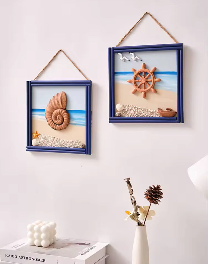 Nautical Wall Art Frames â€“ Beach Theme with Shell, Anchor, and Ship Wheel