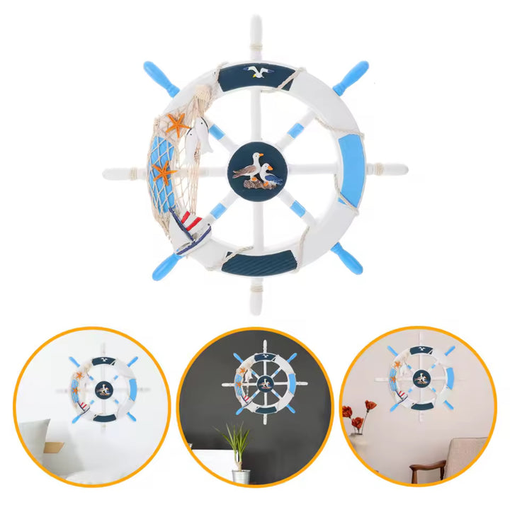 Decorative Nautical Ship Wheel Wall Hanging – Seagull & Sailboat Coastal Design