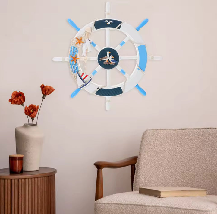 Decorative Nautical Ship Wheel Wall Hanging – Seagull & Sailboat Coastal Design