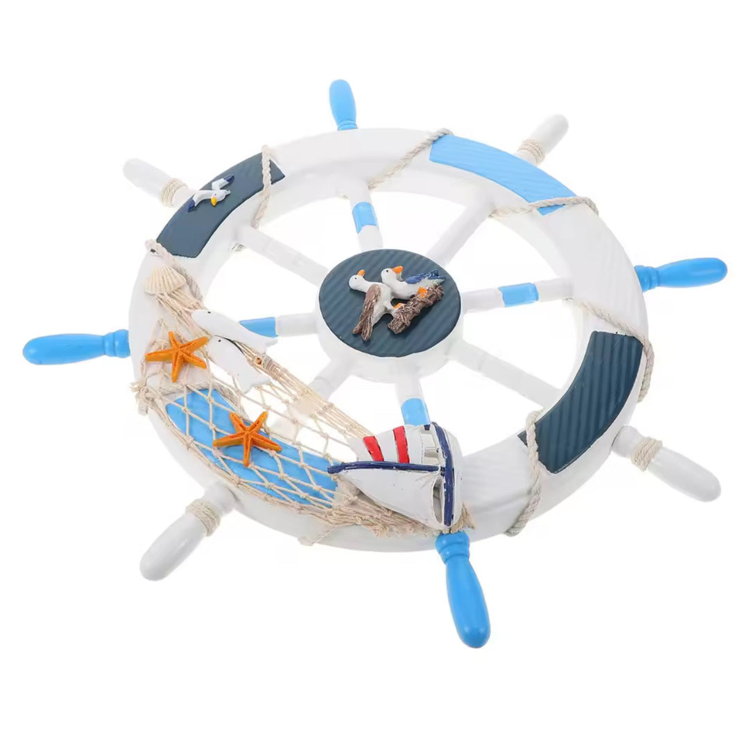 Decorative Nautical Ship Wheel Wall Hanging – Seagull & Sailboat Coastal Design