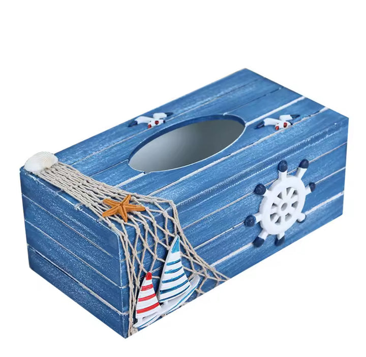 Nautical Wooden Tissue Box Cover â€“ Blue Coastal Design with Sailboats and Ship Wheel