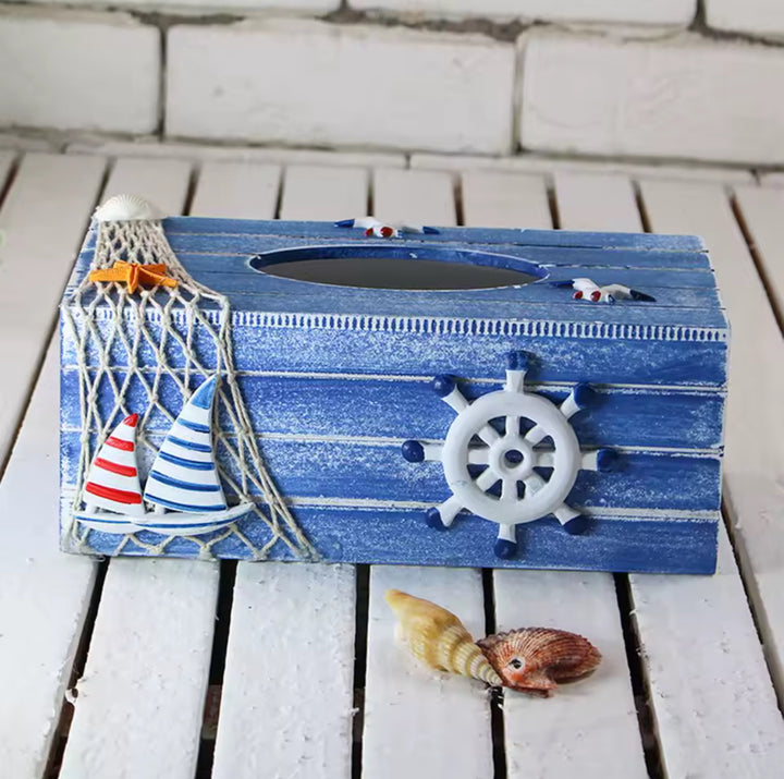 Nautical Wooden Tissue Box Cover â€“ Blue Coastal Design with Sailboats and Ship Wheel