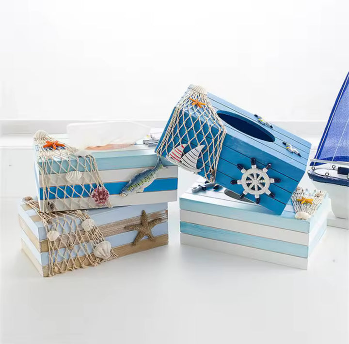 Nautical Wooden Tissue Box Cover â€“ Blue Coastal Design with Sailboats and Ship Wheel