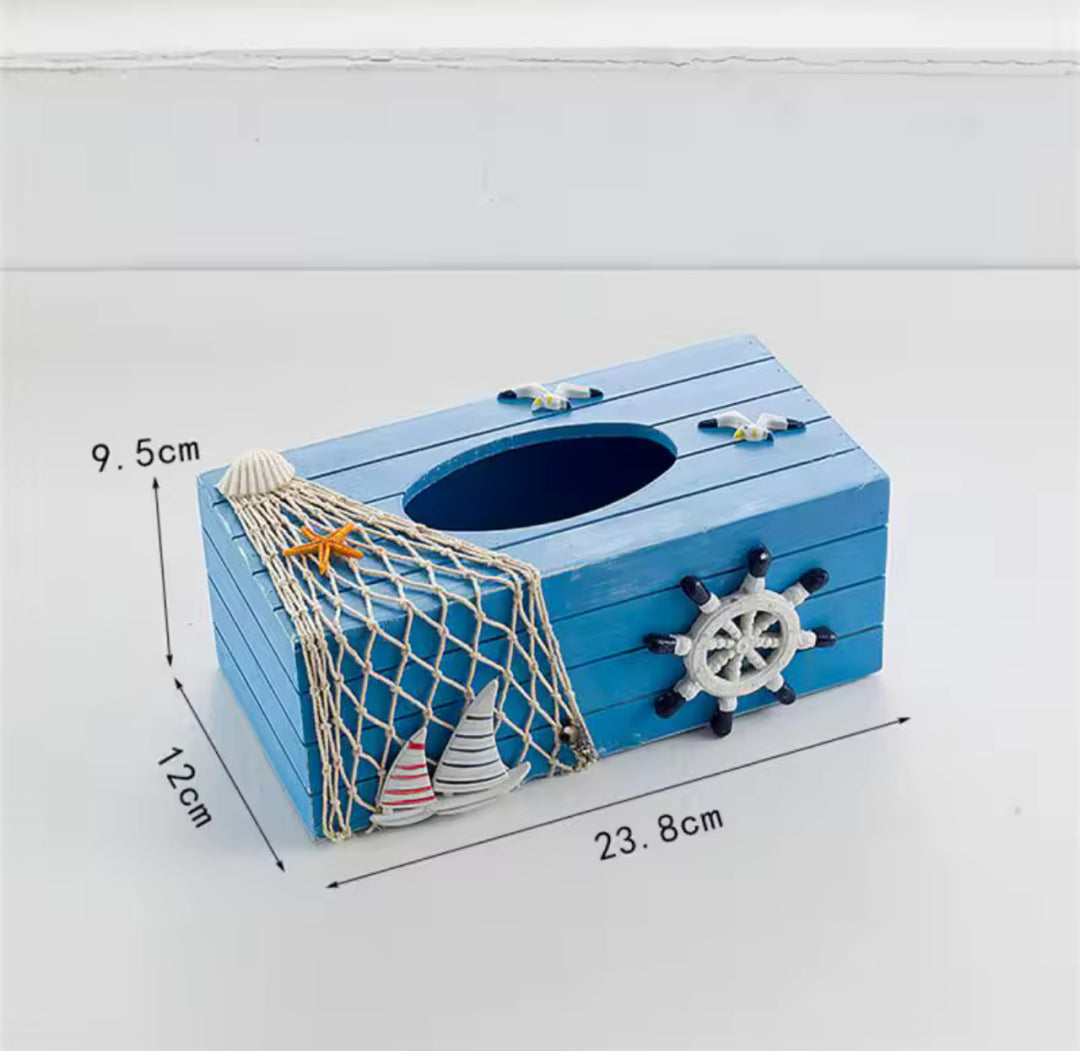 Nautical Wooden Tissue Box Cover â€“ Blue Coastal Design with Sailboats and Ship Wheel