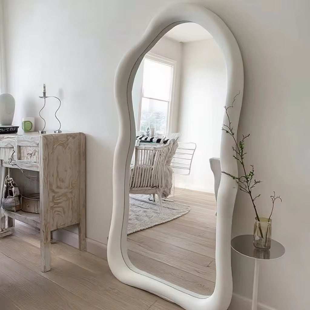 Organic Sculpt Floor Mirror with unique sculptural frame and soft modern curves, full-length statement piece for bedroom and living spaces