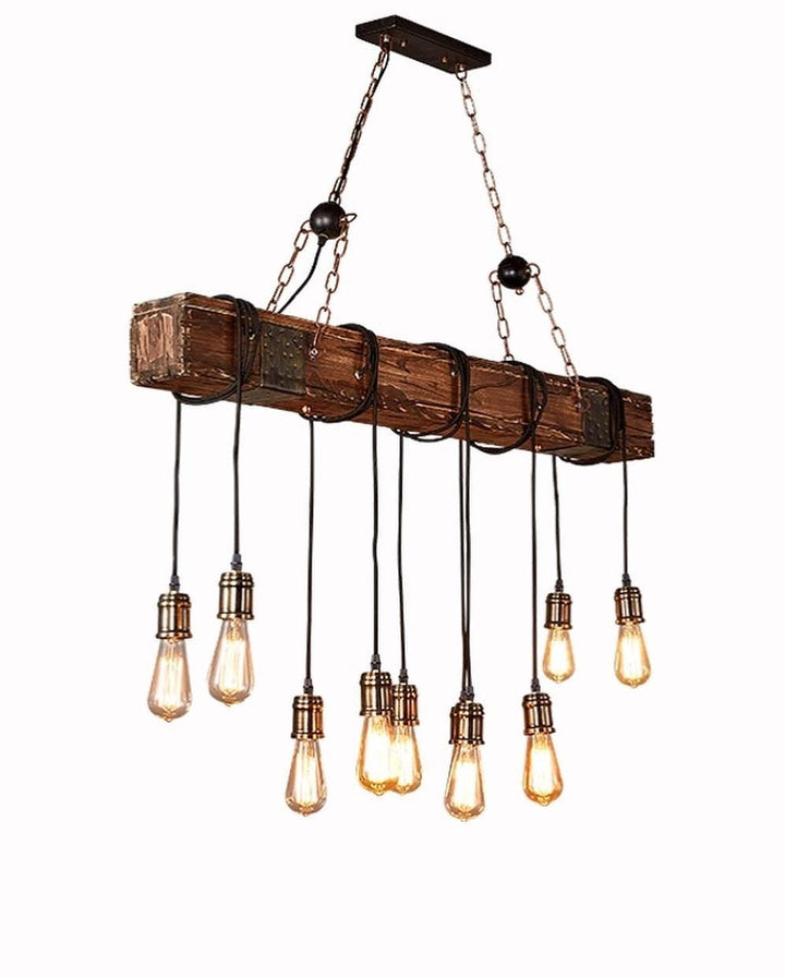 Rustic Log Beam Chandelier with Hanging Edison Bulbs