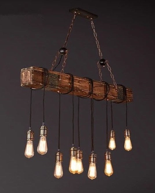 Rustic Log Beam Chandelier with Hanging Edison Bulbs
