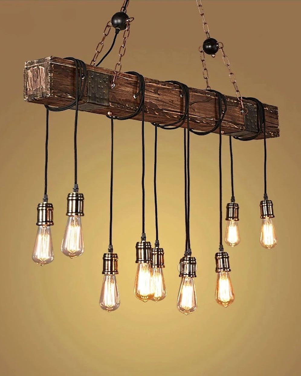 Rustic Log Beam Chandelier with Hanging Edison Bulbs