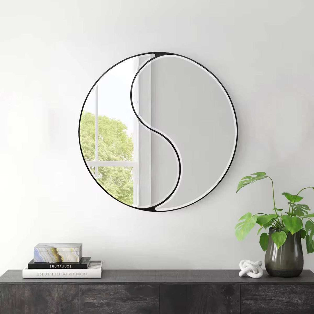 Yin Yang Decorative Wall Mirror with black frame and gold accent divider