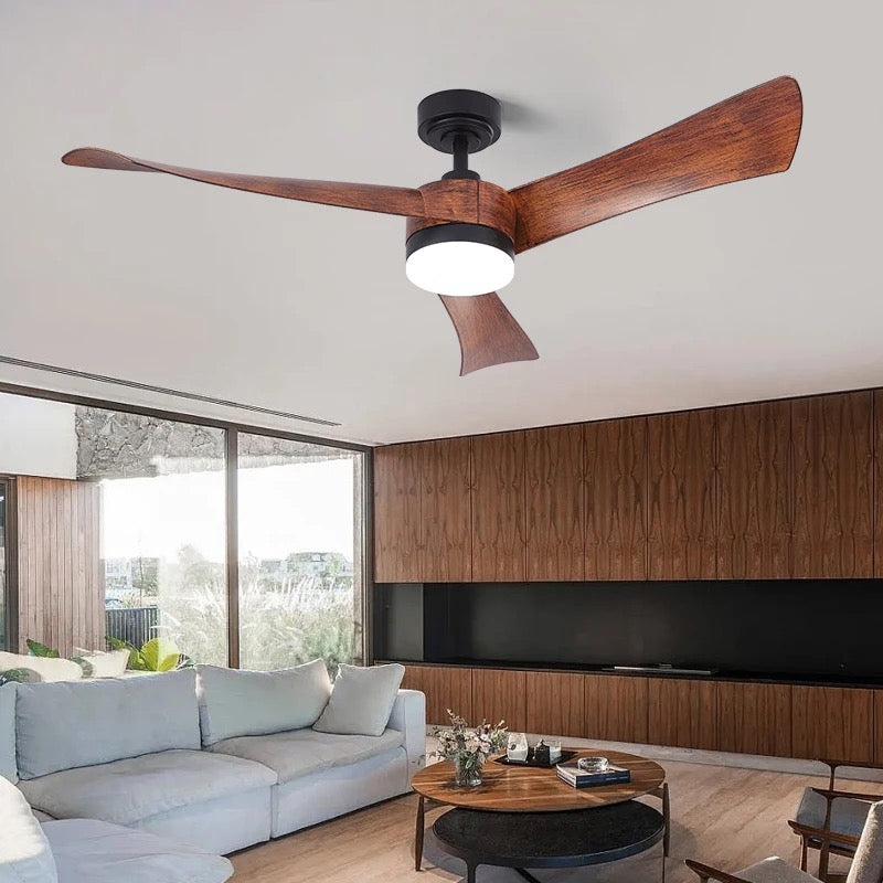 Contemporary Ceiling Fan with Rich Wooden Blades and LED Light