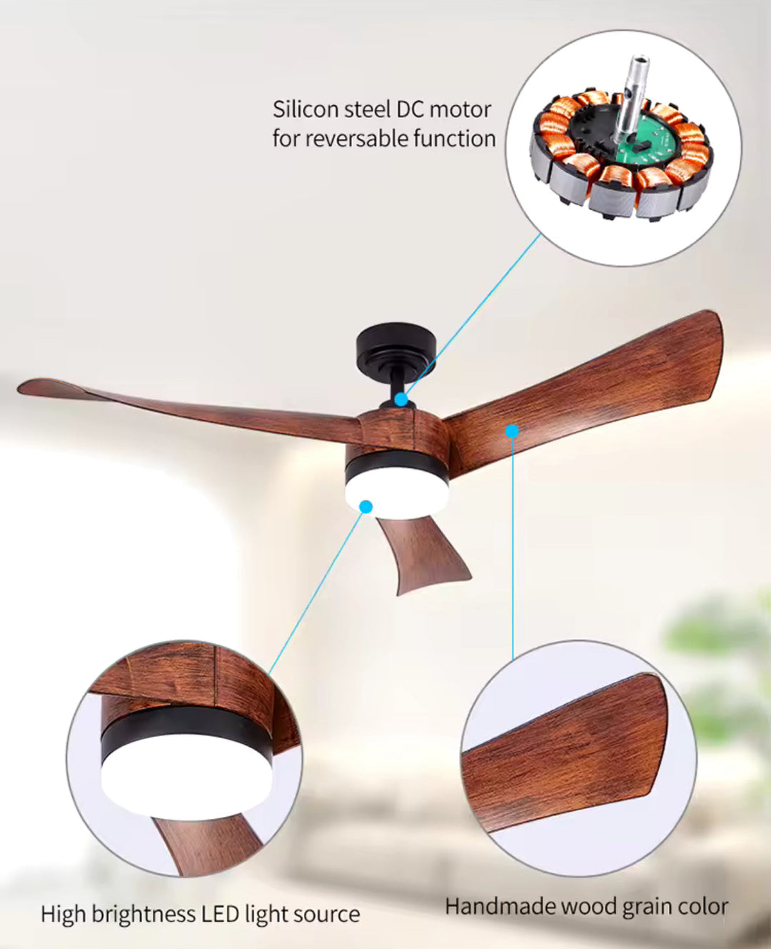 Contemporary Ceiling Fan with Rich Wooden Blades and LED Light