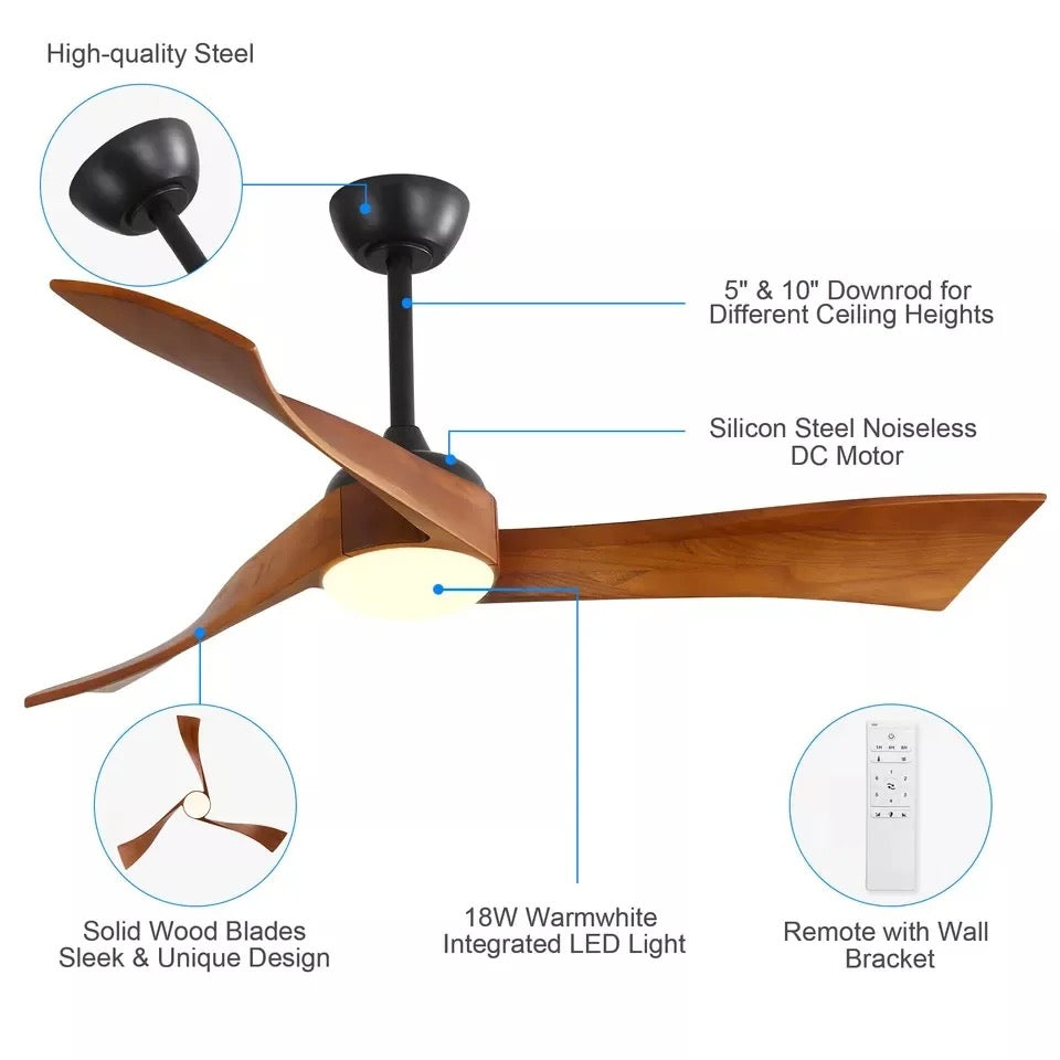 Contemporary Ceiling Fan with Rich Wooden Blades and LED Light