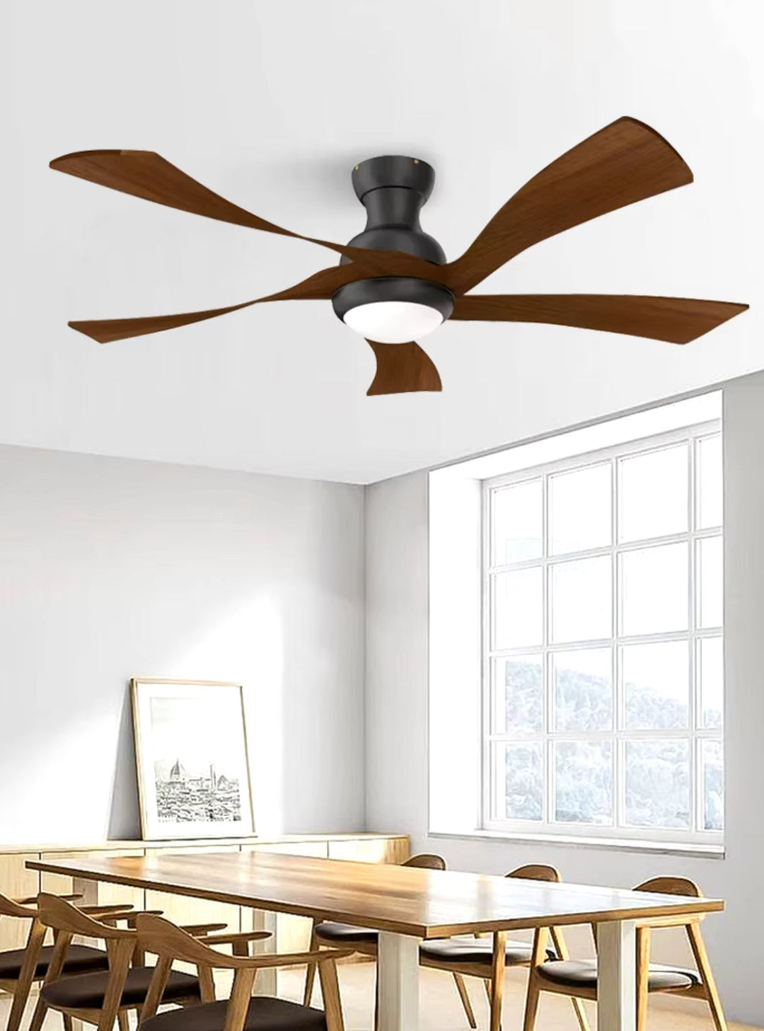 Modern Ceiling Fan with Walnut Wood Blades and LED Light