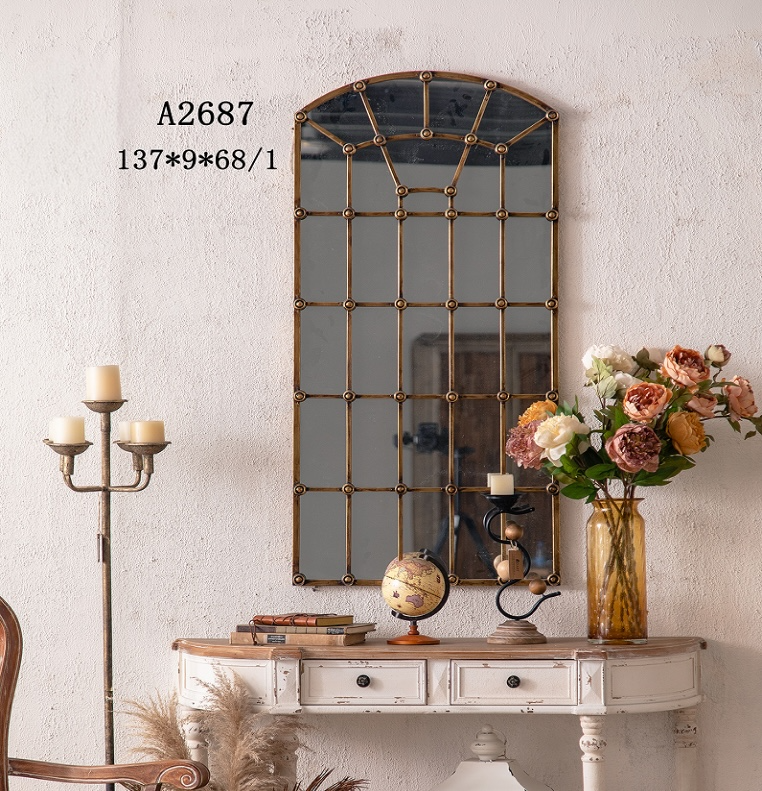 Arched Industrial Grid Mirror with Brass Accents