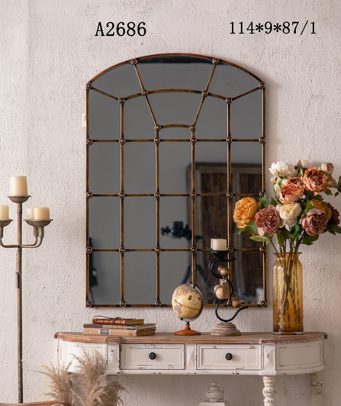 Arched Industrial Grid Mirror with Brass Accents