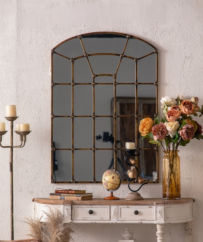 Arched Industrial Grid Mirror with Brass Accents