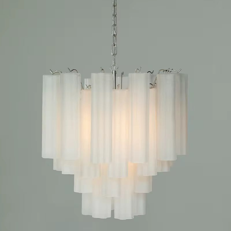 Modern white chandelier with layered frosted glass cylindrical shades