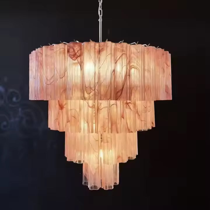 Modern amber glass tiered chandelier with cascading translucent layered shades