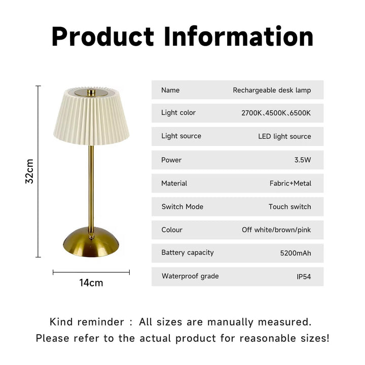 Pleated rechargeable Shade Table Lamp