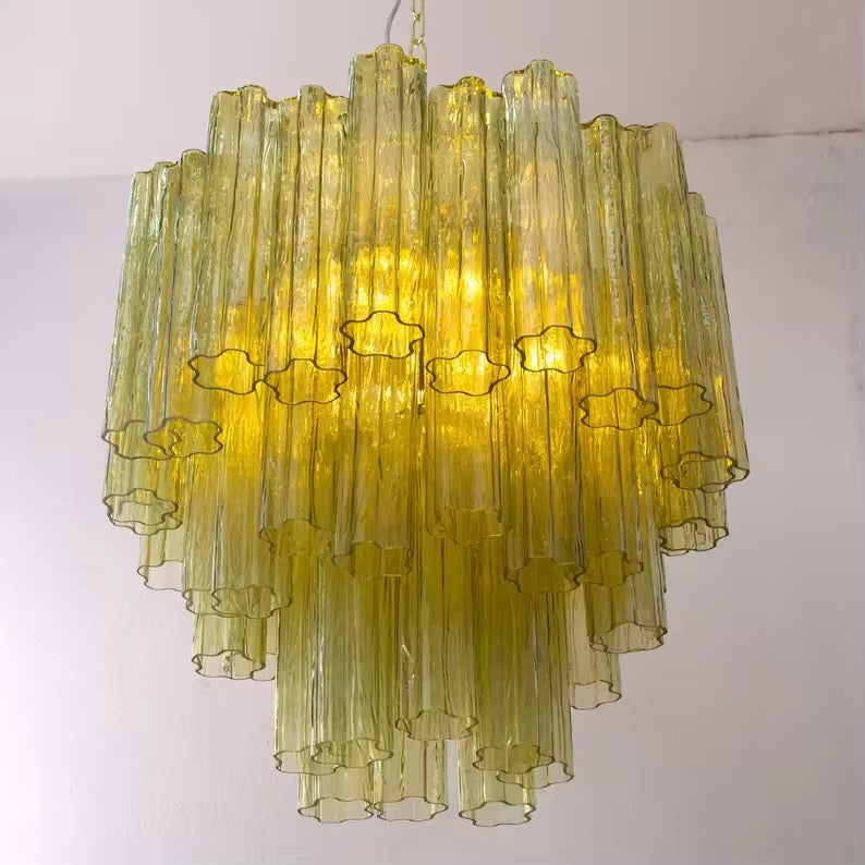 Modern Tiered Glass Chandelier with Cascading Amber Tubes