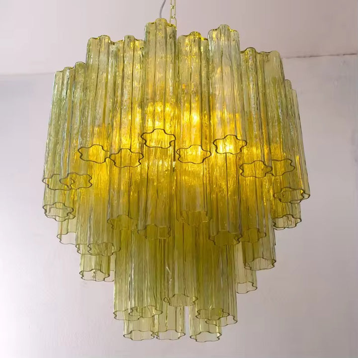 Modern Tiered Glass Chandelier with Cascading Amber Tubes