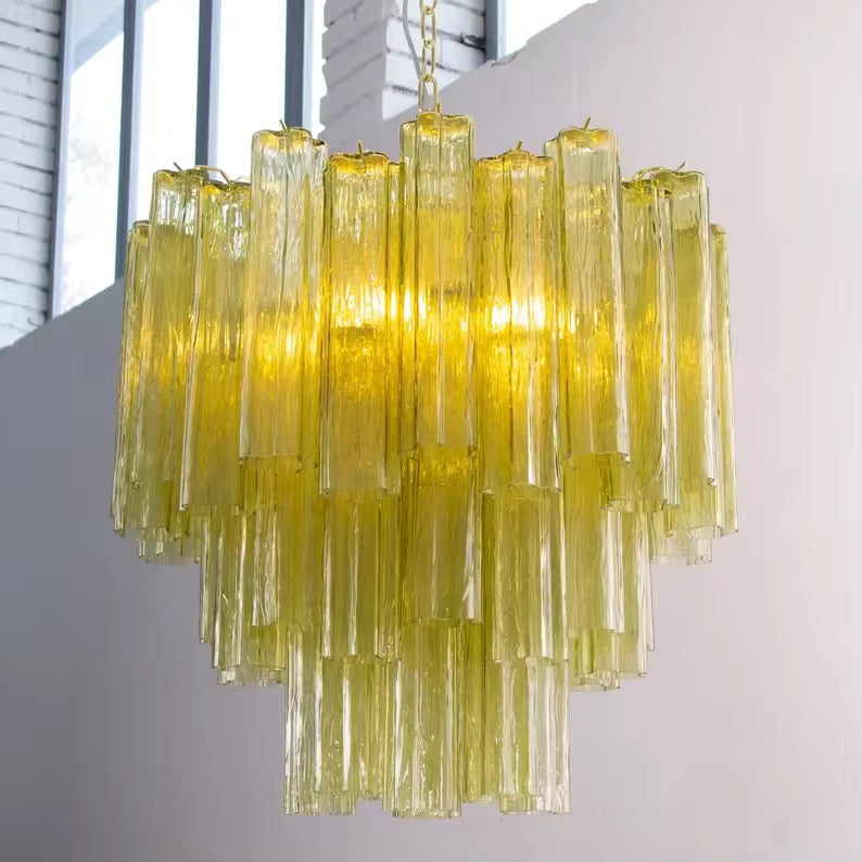 Modern Tiered Glass Chandelier with Cascading Amber Tubes