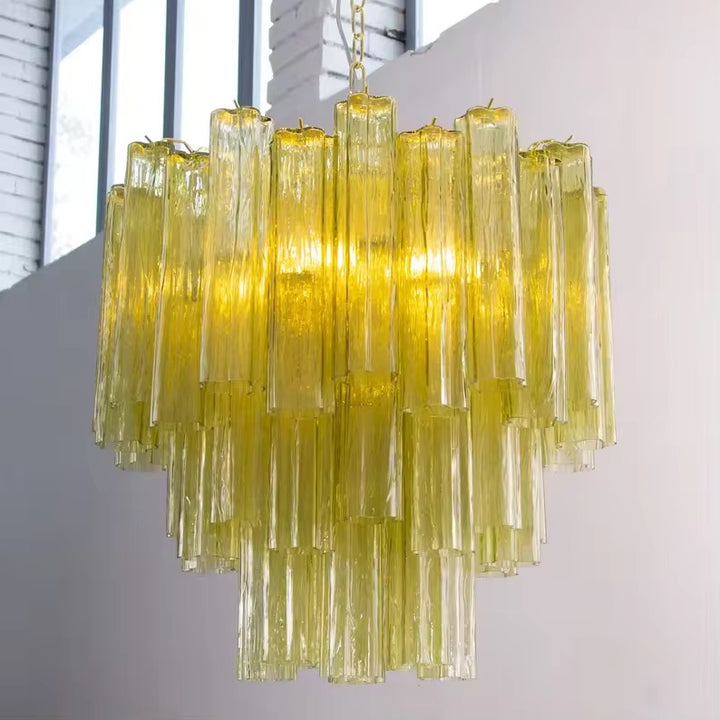 Modern Tiered Glass Chandelier with Cascading Amber Tubes