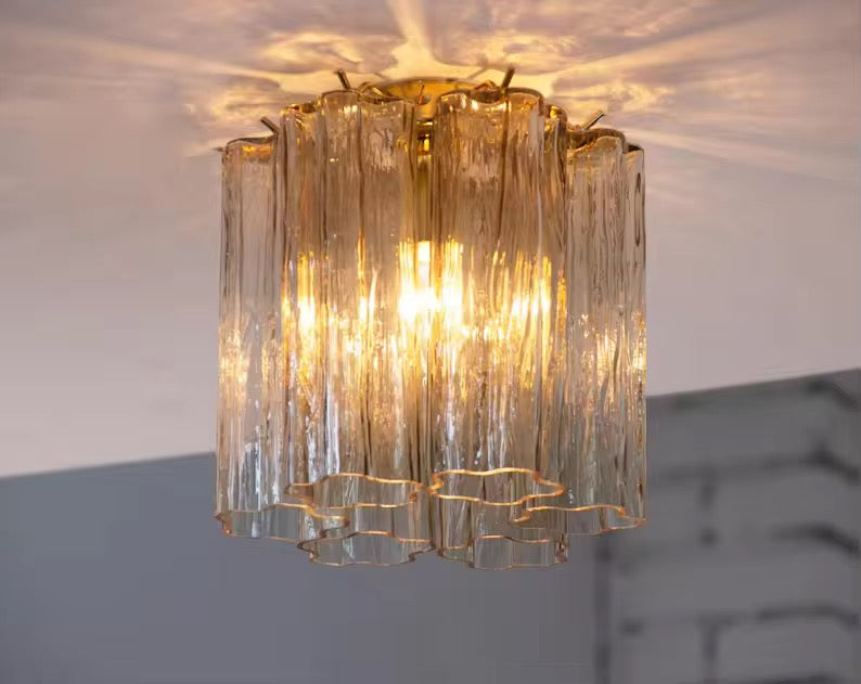 Sculptural Light Grey Murano-Style Glass Chandelier with Warm Gold Finish