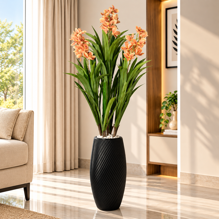 Artificial Peach Orchid Plant – 220 cm | Black Ribbed Planter