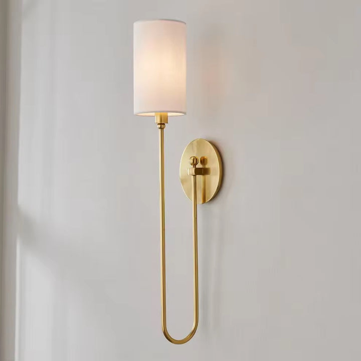 Modern Brass & Black Wall Sconce with White Fabric Shade