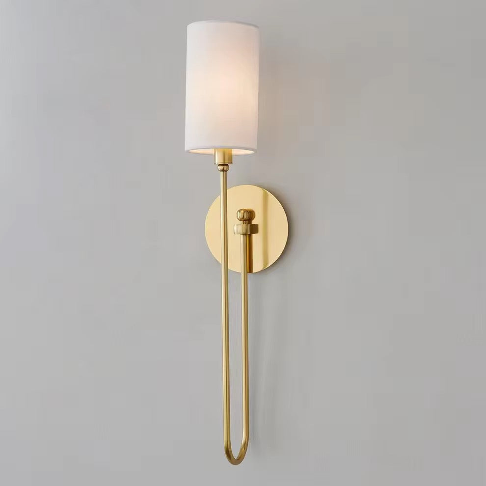 Modern Brass & Black Wall Sconce with White Fabric Shade