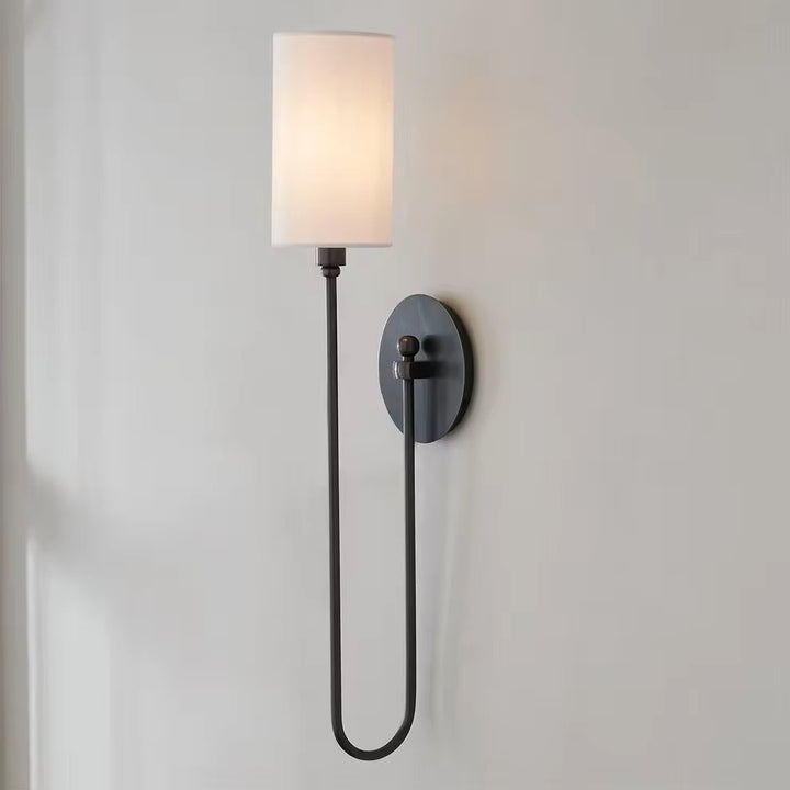 Modern Brass & Black Wall Sconce with White Fabric Shade