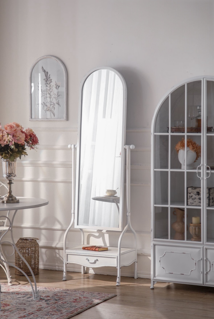 Vintage White Standing Mirror with Drawer