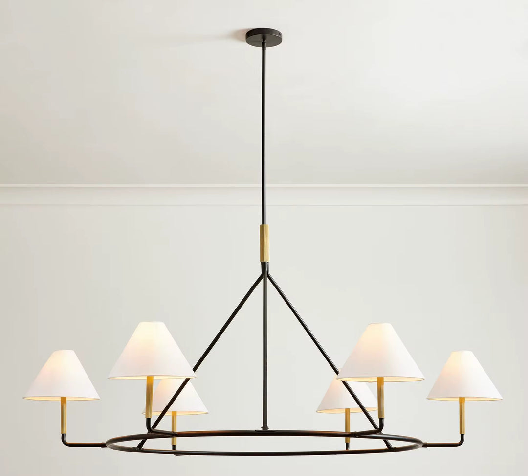 Modern 5-light black ring chandelier with cream fabric shades and brass accents