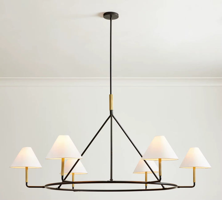 Modern 5-light black ring chandelier with cream fabric shades and brass accents