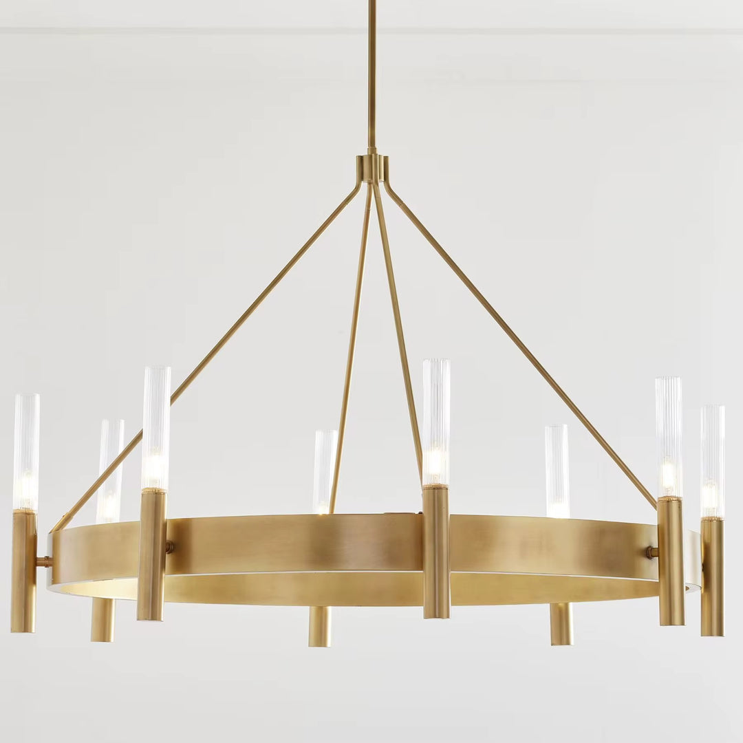 Modern brass ring chandelier with multiple vertical ribbed glass lights