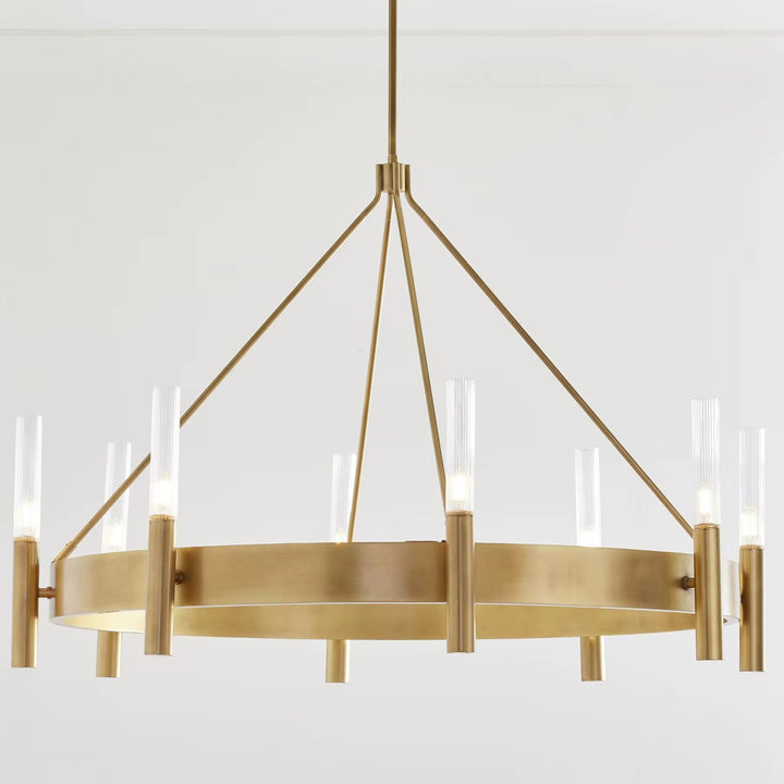 Modern brass ring chandelier with multiple vertical ribbed glass lights
